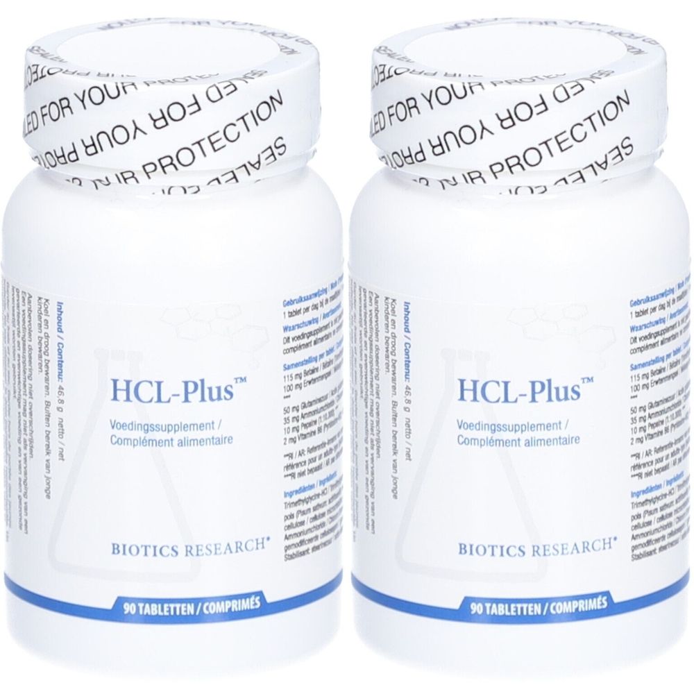 Zwei weiße Flaschen mit HCL-Plus-Etikett. Aufschrift: Voedingssupplement/Complément alimentaire. Marke: BIOTICS RESEARCH. 90 Tabletten/Comprimés.