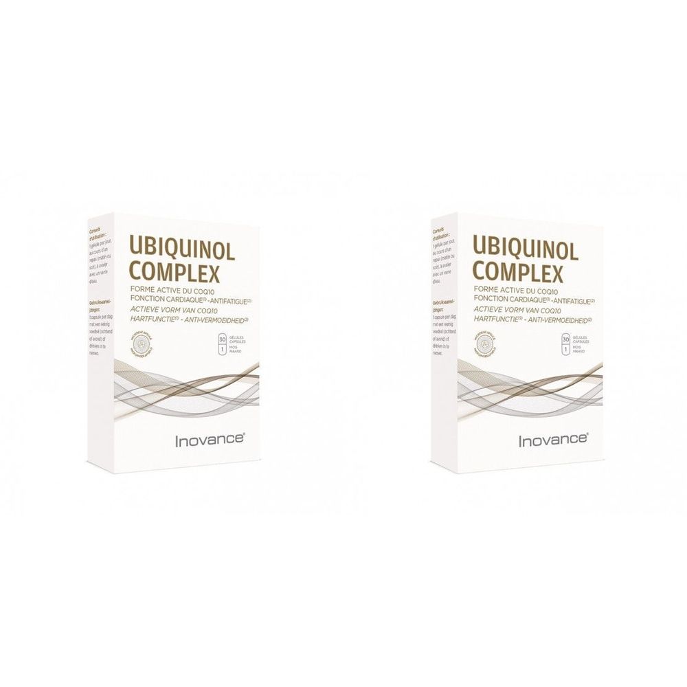 Zwei weiße Schachteln mit der Aufschrift "UBIQUINOL COMPLEX" und dem Markennamen "Inovance".
