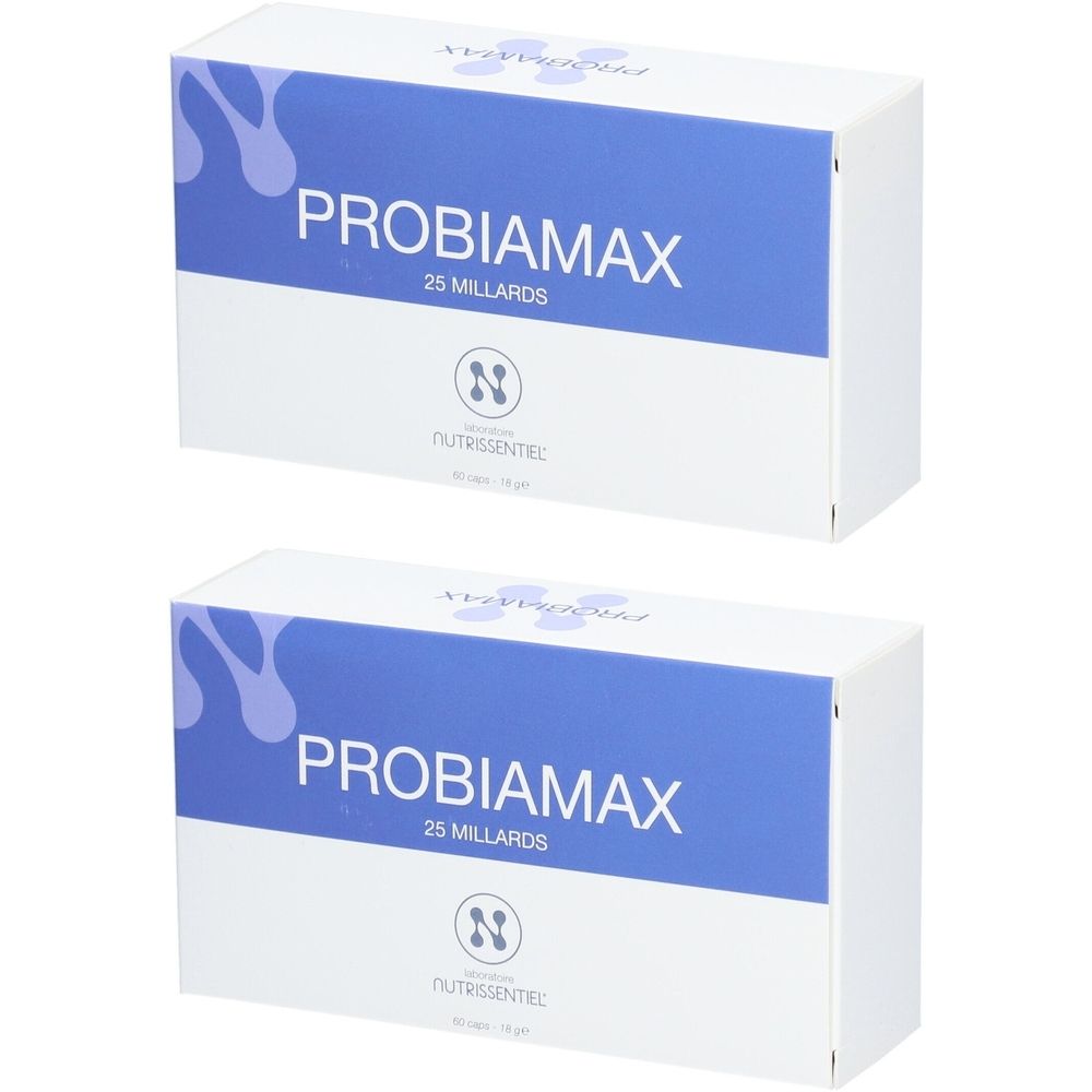 Zwei weiße Schachteln mit blauem Streifen. Aufschrift: PROBIAMAX 25 MILLIARDS. Logo: NUTRISSENTIEL.