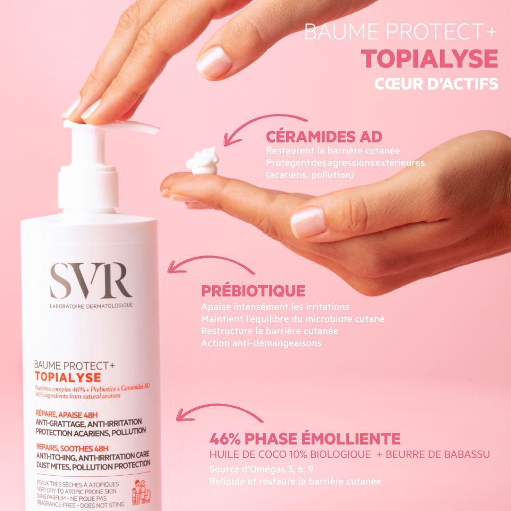 Produit et mains avec crème. Texte: Baume Protect + Topialyse. Ingrédients: Céramides, Prébiotiques, 46% Émollient.