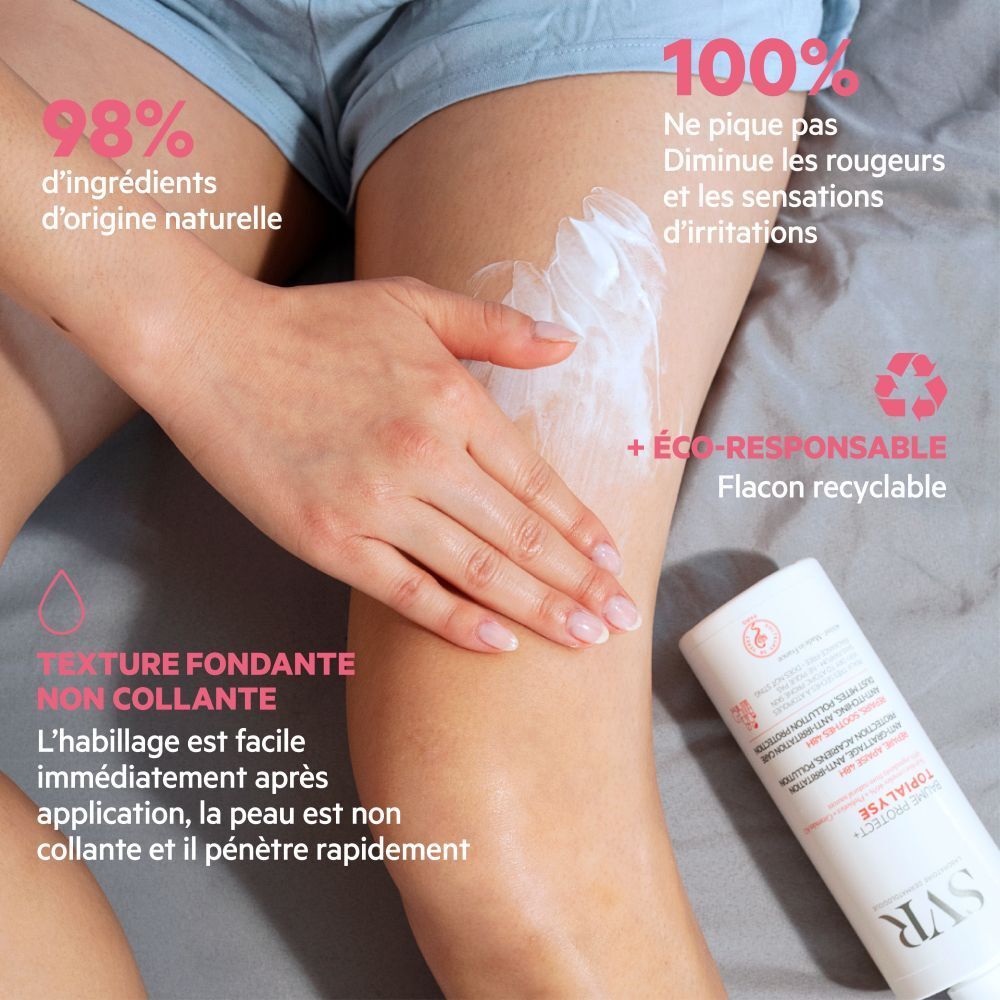Jambe avec crème. Texte: Baume Protect + Topialyse. 98% ingrédients naturels, 100% réduit les rougeurs. Flacon recyclable.