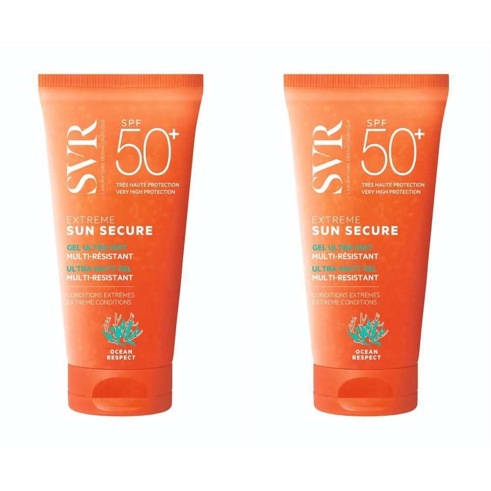 Deux tubes de SVR Sun Secure Extreme SPF 50+. Tubes orange avec texte blanc. Inscription : Extreme Sun Secure, Gel Ultra-Mat.
