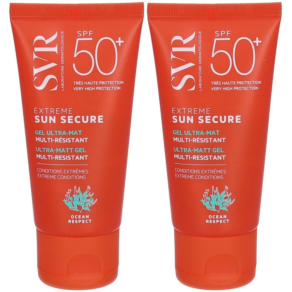 Deux tubes de crème solaire SPF 50+. Emballage orange avec texte blanc. Marque SVR, nom du produit SUN SECURE.