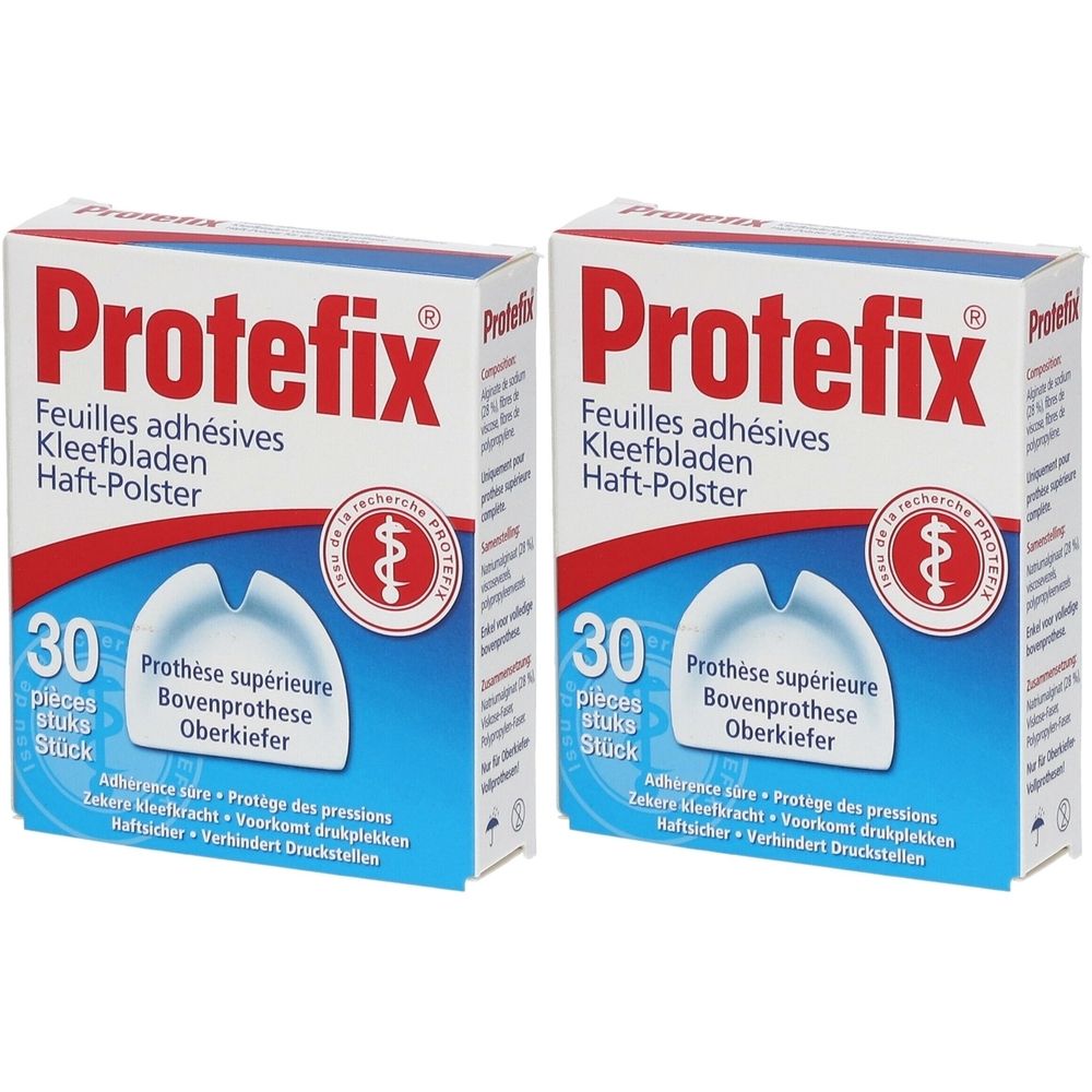Zwei Schachteln Protefix® Haft-Polster. Aufschrift: 30 Stück, Prothese supérieure, Oberkiefer. Logo mit medizinischem Symbol.
