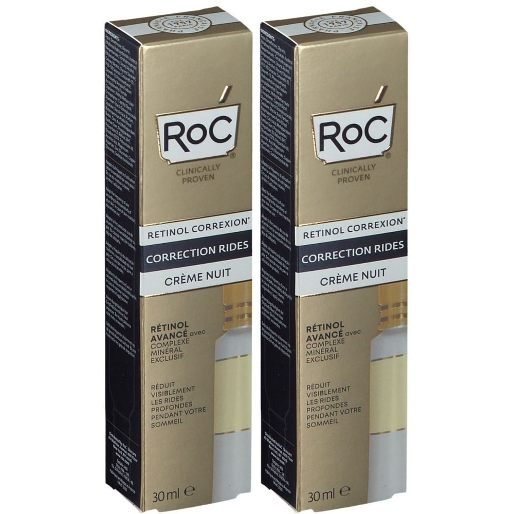 Deux boîtes de RoC® Retinol Correxion Crème Nuit. Emballage doré avec nom et logo du produit. 30 ml.