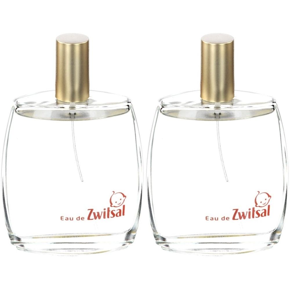 Zwei Glasflakons mit goldfarbenen Verschlüssen. Aufschrift "Eau de Zwitsal" und Baby-Logo.