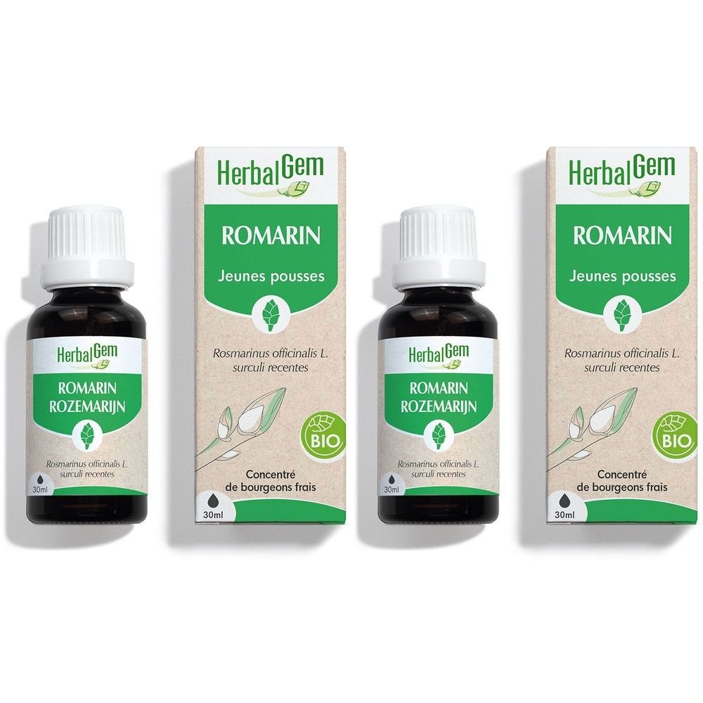 Drei Flaschen und Verpackungen. Aufschrift: HerbalGem, ROMARIN, Jeunes pousses, Bio. Flaschen mit weißem Deckel.