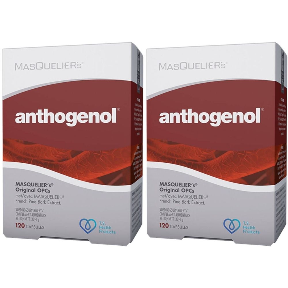 Zwei Kartons Anthogenol. Aufschrift: MASQUELIER's Original OPCs, 120 Kapseln. Logo: 1.S. Health Products.