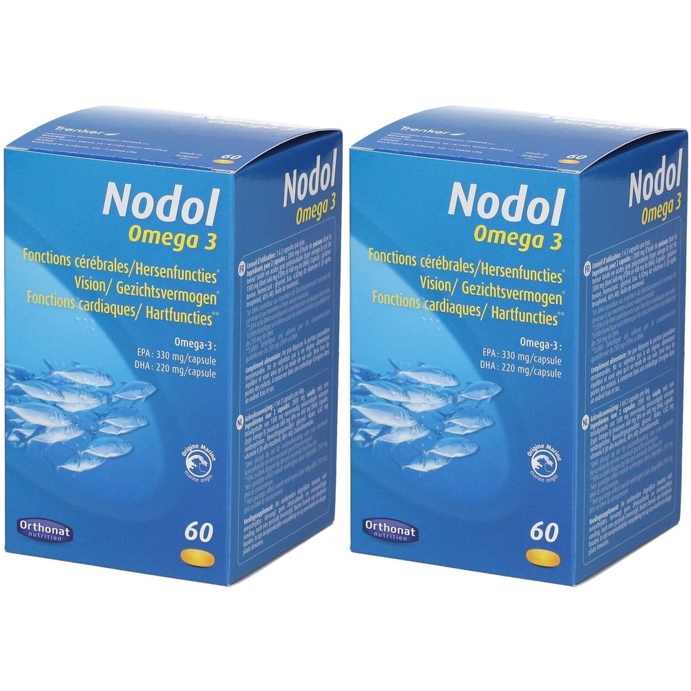 Deux boîtes bleues "Nodol Omega 3". Texte multilingue. Illustration de poissons. Contient 60 capsules.