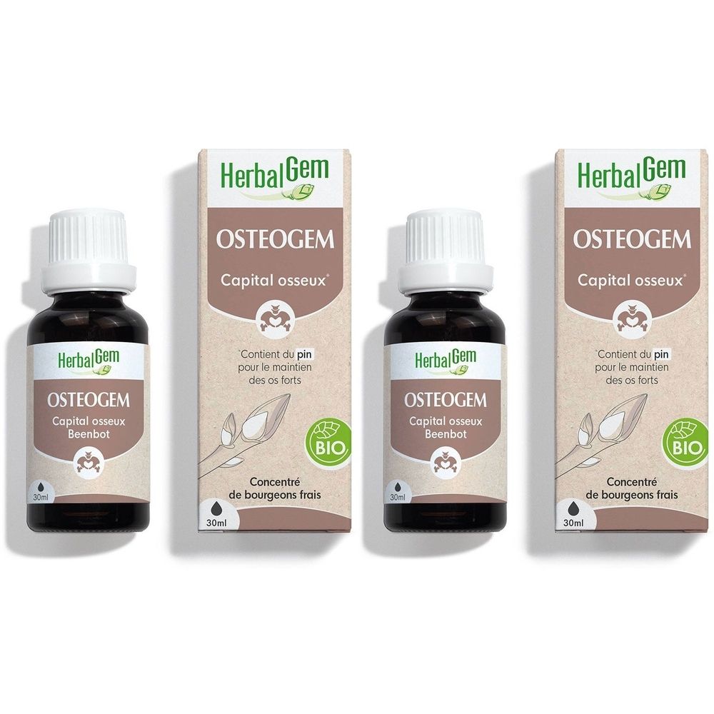 Trois flacons et emballages HerbalGem OSTEOGEM. Flacons bruns avec bouchons blancs, entourés de boîtes beiges avec informations produit.
