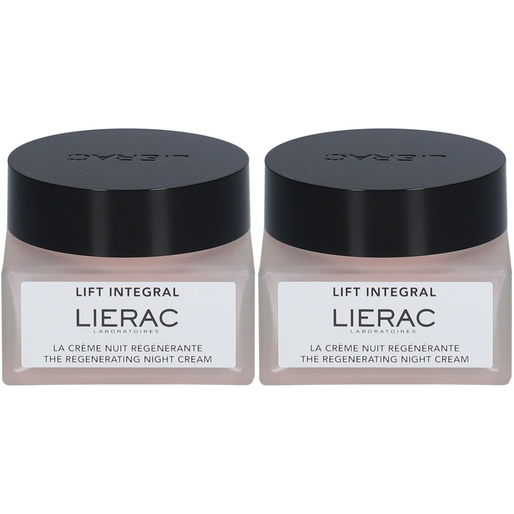 Deux pots carrés avec couvercles noirs. Sur le devant, "LIFT INTEGRAL" et "LIERAC". En dessous, "LA CREME NUIT REGENERANTE".