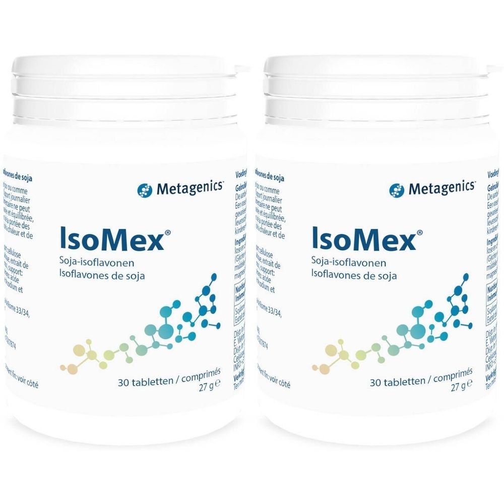 Zwei weiße Behälter mit dem Produktnamen IsoMex und dem Logo von Metagenics. Aufschrift: Soja-Isoflavone. Enthält 30 Tabletten.