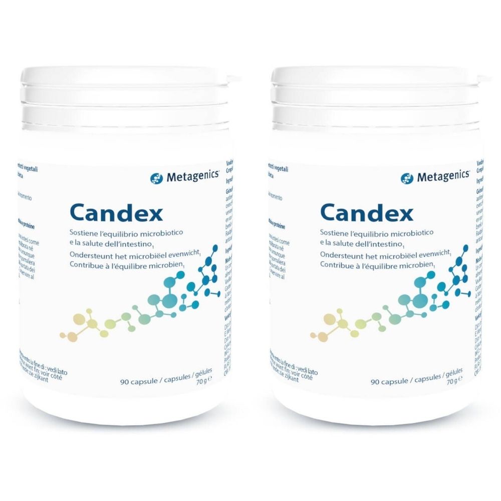 Deux boîtes blanches de Candex de Metagenics. Inscriptions multilingues. Contient 90 capsules. Fond blanc.