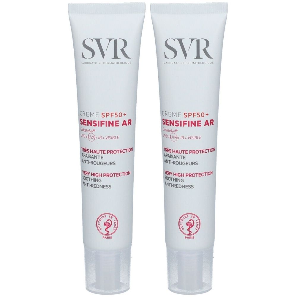 Zwei Tuben Creme mit Aufschrift SVR, Sensifine AR, SPF50+. Weiße Tuben mit roter und schwarzer Schrift.