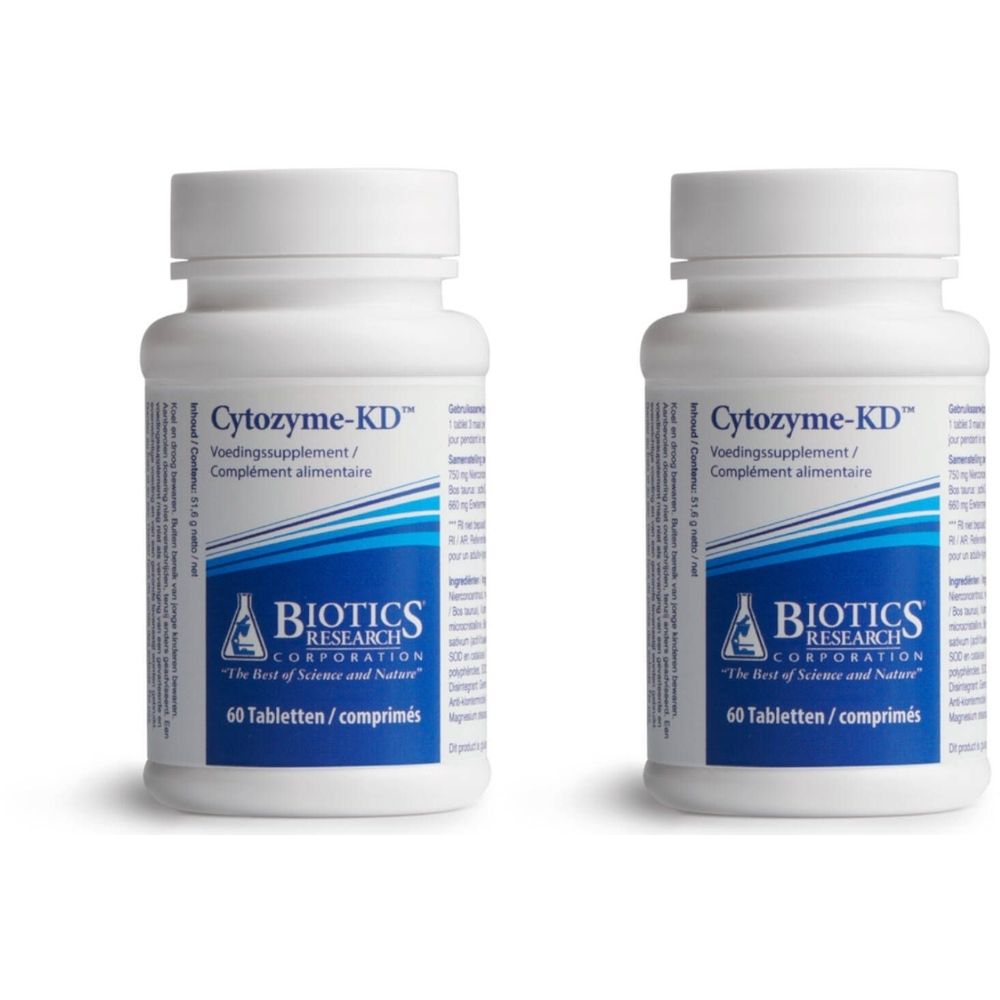 Zwei weiße Flaschen mit "Cytozyme-KD"-Etiketten. Aufschrift: "BIOTICS RESEARCH CORPORATION". Jede Flasche enthält 60 Tabletten.