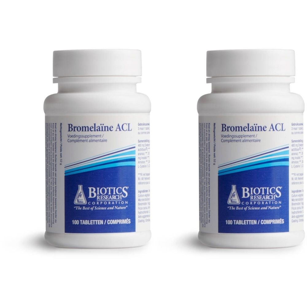 Zwei weiße Flaschen mit Schraubverschluss. Auf der Vorderseite steht "Bromelaine ACL" und "BIOTICS RESEARCH CORPORATION".