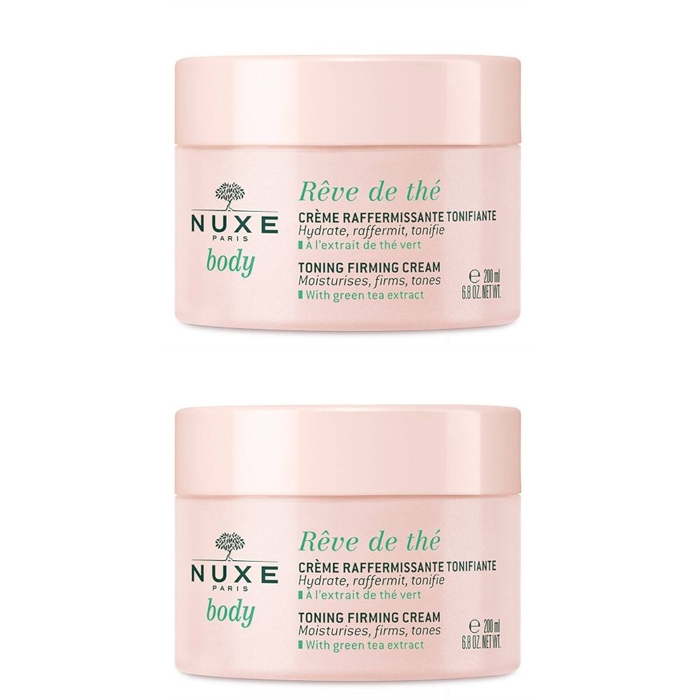 Zwei rosa Tiegel. Aufschrift: Rêve de thé, Crème Raffermissante Tonifiante, Toning Firming Cream. Marke: NUXE Body.