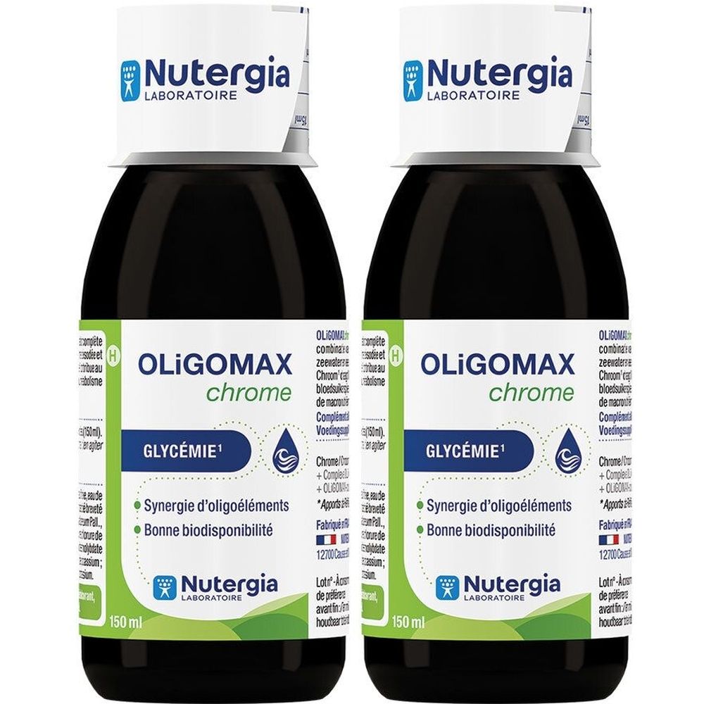 Zwei Flaschen mit schwarzem Inhalt. Aufschrift: Oligomax chrome, Glycémie, Nutergia Laboratoire. Grüne und blaue Etiketten.