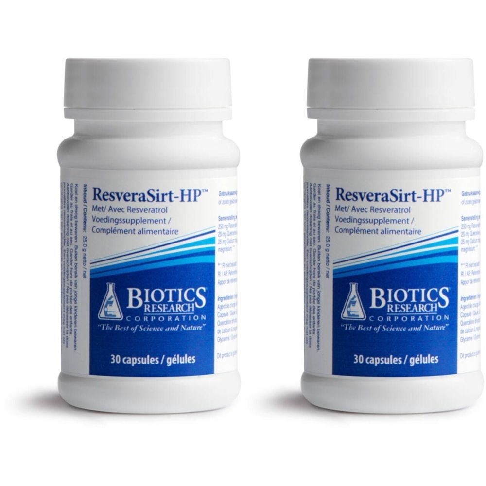 Zwei weiße Flaschen mit dem Produktnamen ResveraSirt-HP. Aufschrift: Biotics Research Corporation. 30 Kapseln.