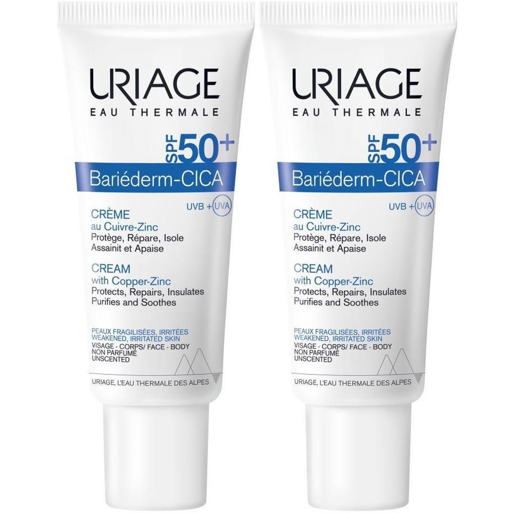 Deux tubes de crème Uriage Bariéderm-CICA SPF 50+. Tubes blancs avec texte bleu.