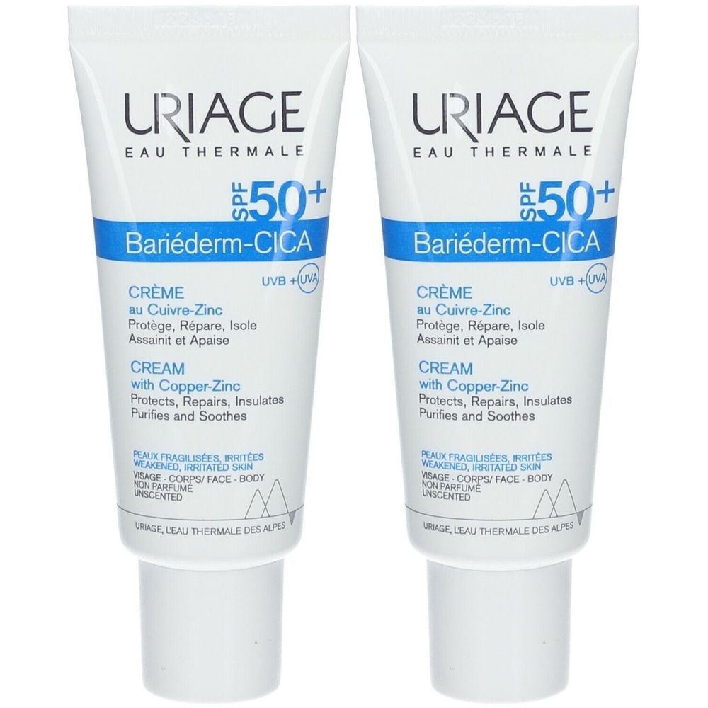Deux tubes de crème. Inscription: URIAGE, Bariéderm-CICA, SPF 50+. Crème au cuivre-zinc. Pour peaux fragilisées.