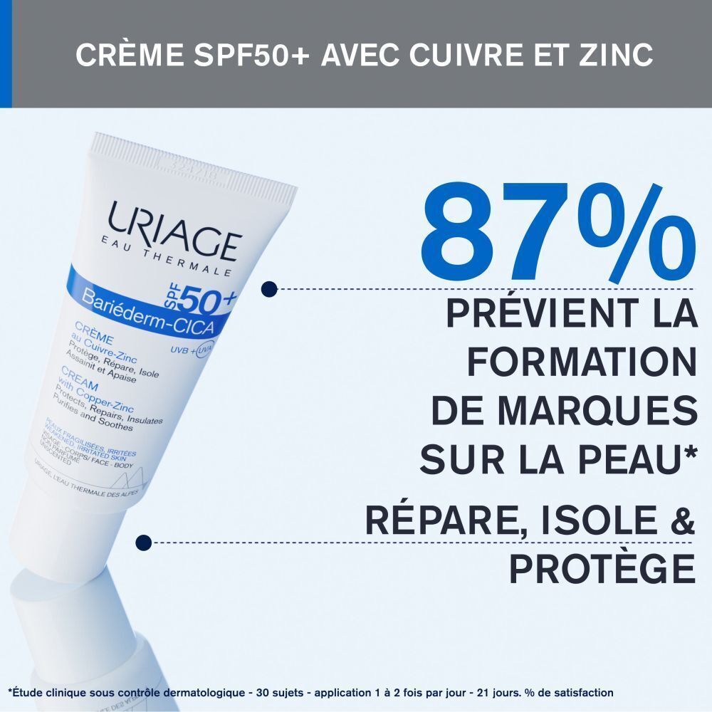 Uriage Bariéderm-CICA Crème SPF 50+. Texte: Crème SPF50+ avec cuivre et zinc. 87% préviennent les marques.
