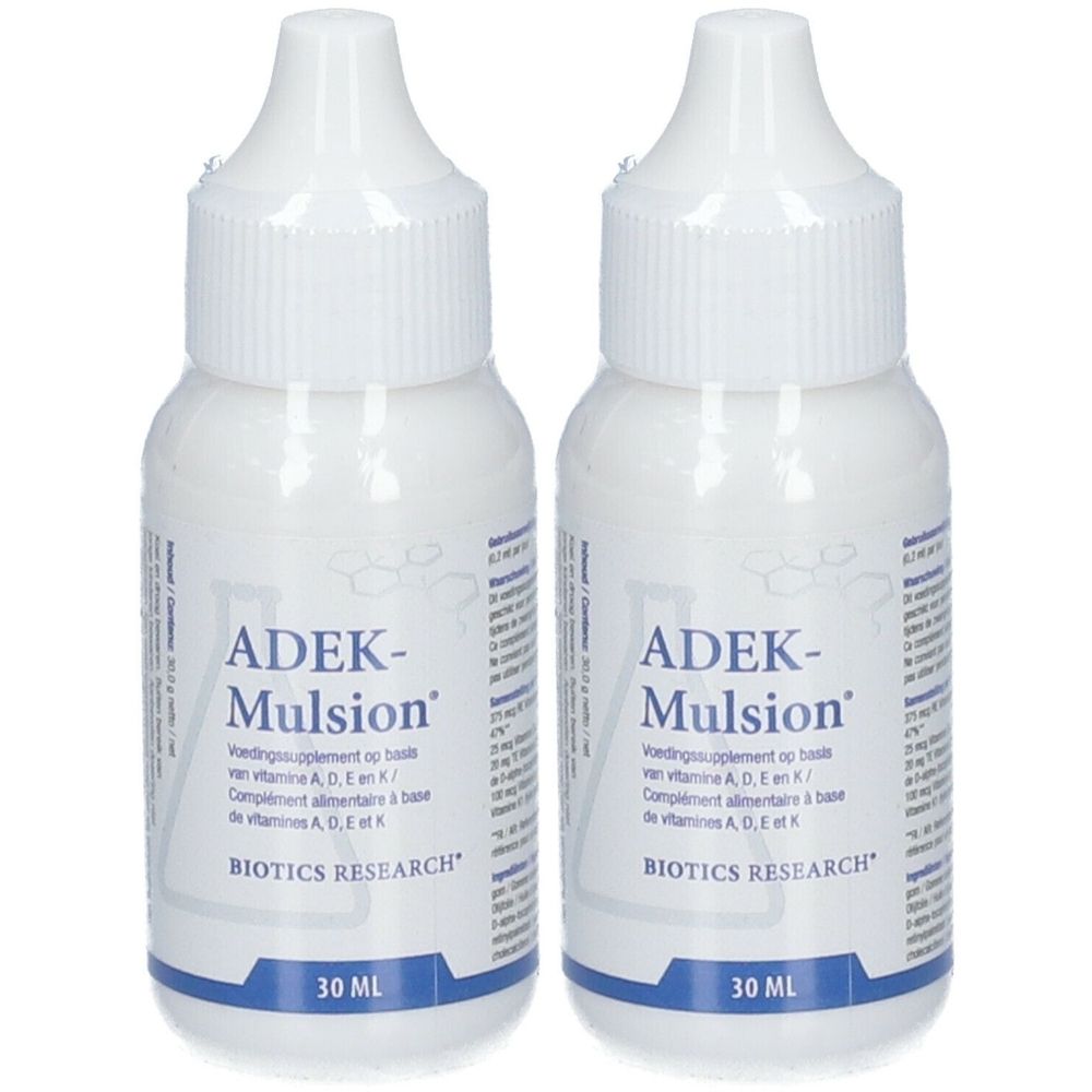 Deux flacons blancs avec le nom ADEK-Mulsion et la marque BIOTICS RESEARCH. Accents bleus et indication de 30 ml.