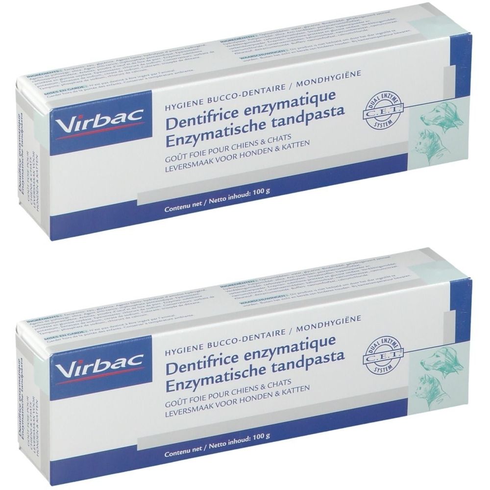 Zwei rechteckige Kartons. Aufschrift: Virbac, enzymatische Zahnpasta für Hunde und Katzen. Geschmack: Leber.