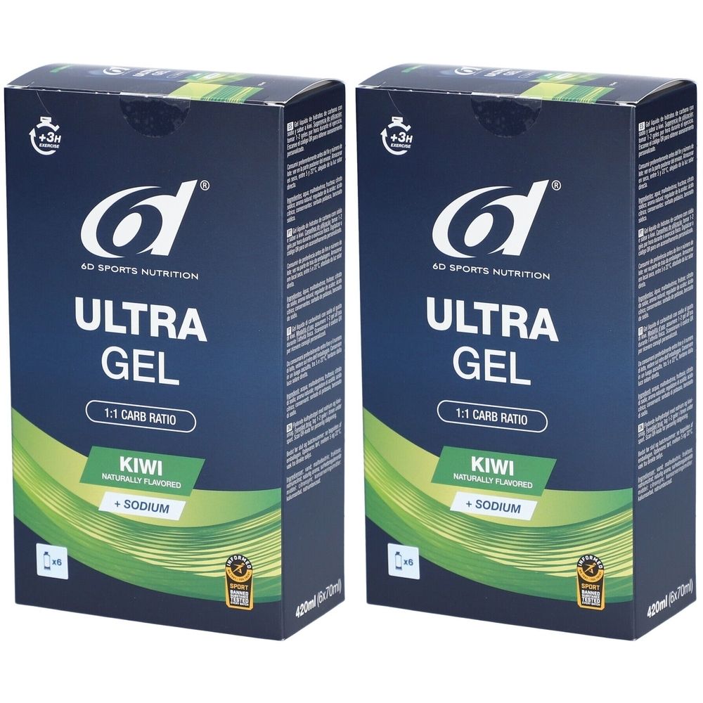 Deux boîtes de 6D SPORTS NUTRITION Ultra Gel Kiwi. Emballage bleu avec texte blanc. Contient kiwi et sodium. Logo et certification visibles.