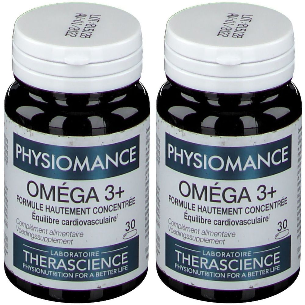 Deux flacons de PHYSIOMANCE OMÉGA 3+. Bouchon blanc, contenu noir. Inscription: FORMULE HAUTEMENT CONCENTRÉE, 30 capsules.