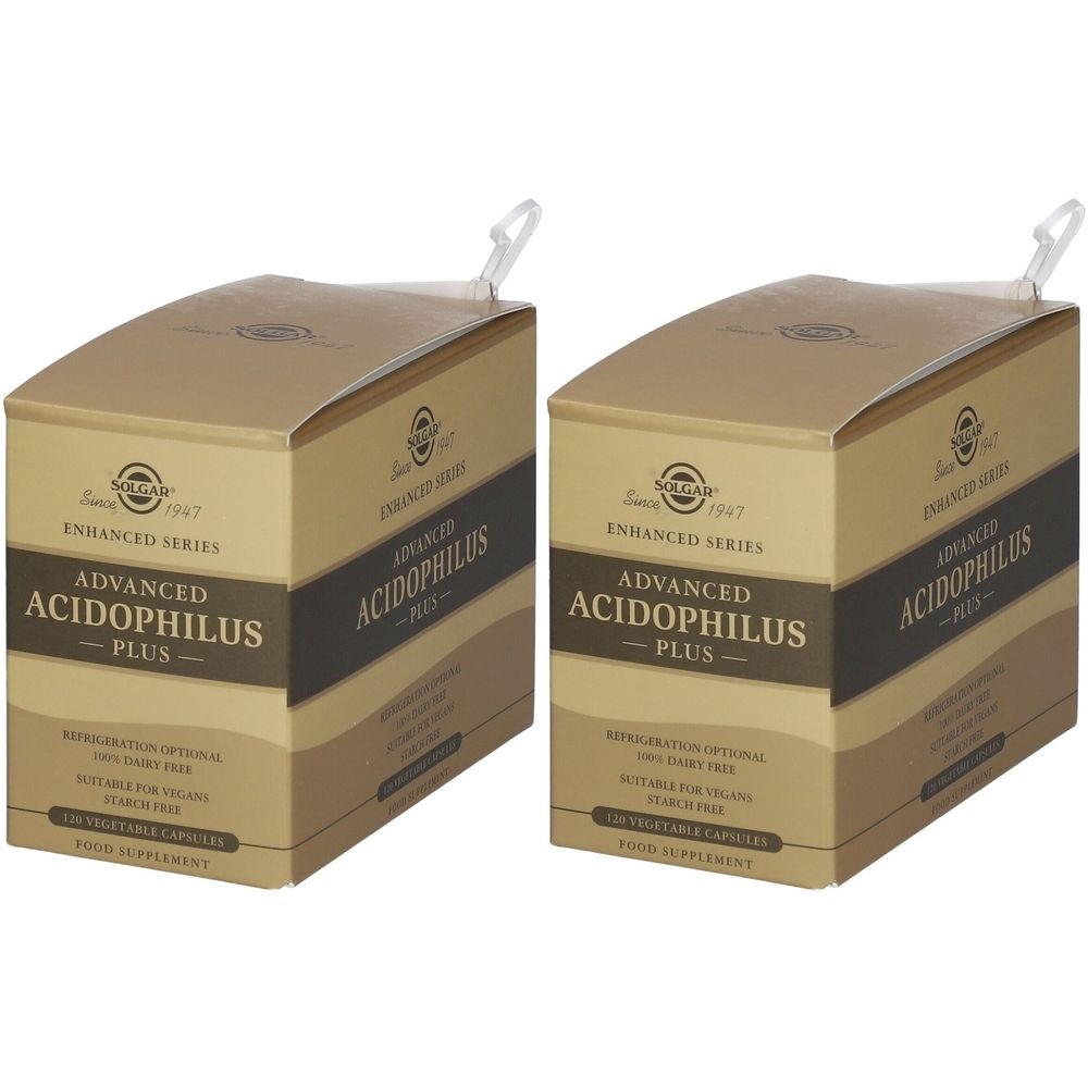 Zwei Kartons mit der Aufschrift "Advanced Acidophilus Plus". Braune Verpackung mit weißer Schrift. Klarsichtverschluss.