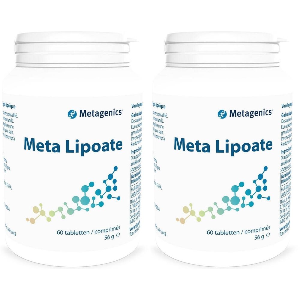 Zwei weiße Flaschen mit dem Aufdruck "Meta Lipoate" und dem Logo von Metagenics. Jede Flasche enthält 60 Tabletten.