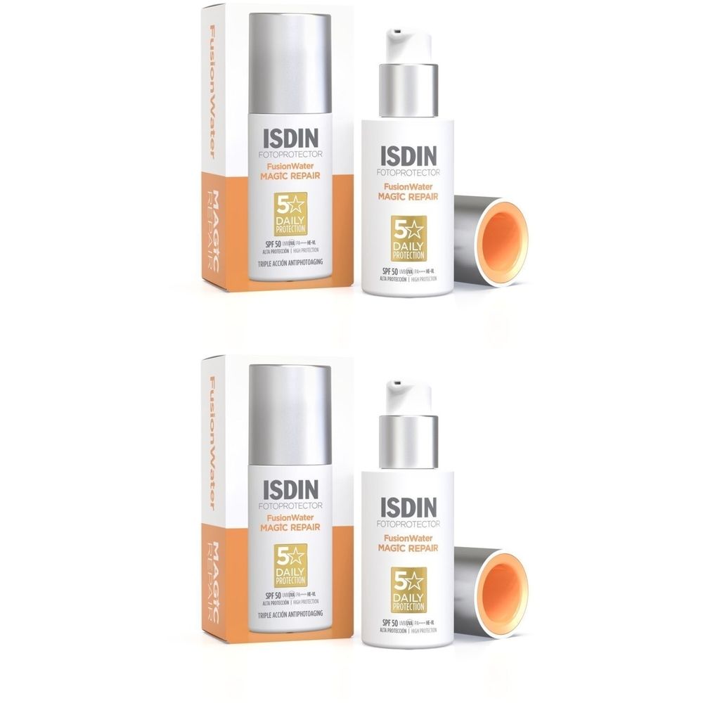 Deux flacons avec étiquette blanche et bouchon argenté. Inscription : ISDIN, Fusion Water Magic Repair, SPF50. Dans une boîte orange.