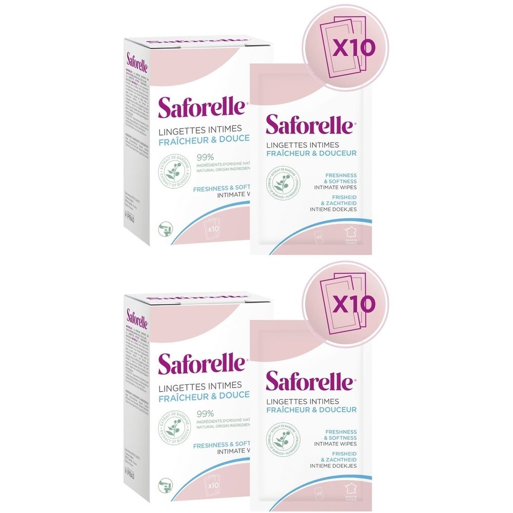Deux boîtes et deux sachets individuels de lingettes intimes Saforelle. Sachets avec indication 'X10'.