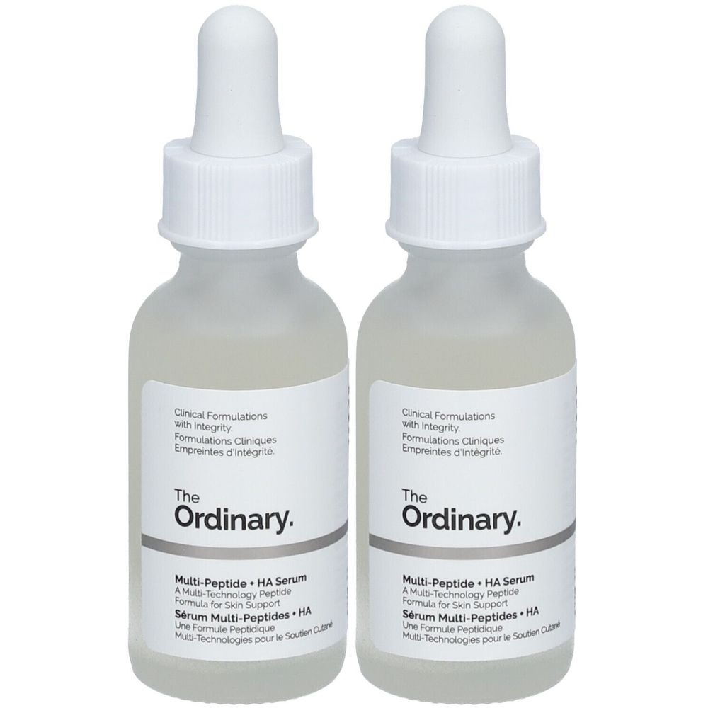 Deux flacons en verre avec étiquettes blanches. Inscription : The Ordinary Multi-Peptide + HA Serum. Bouchons blancs avec pipette.