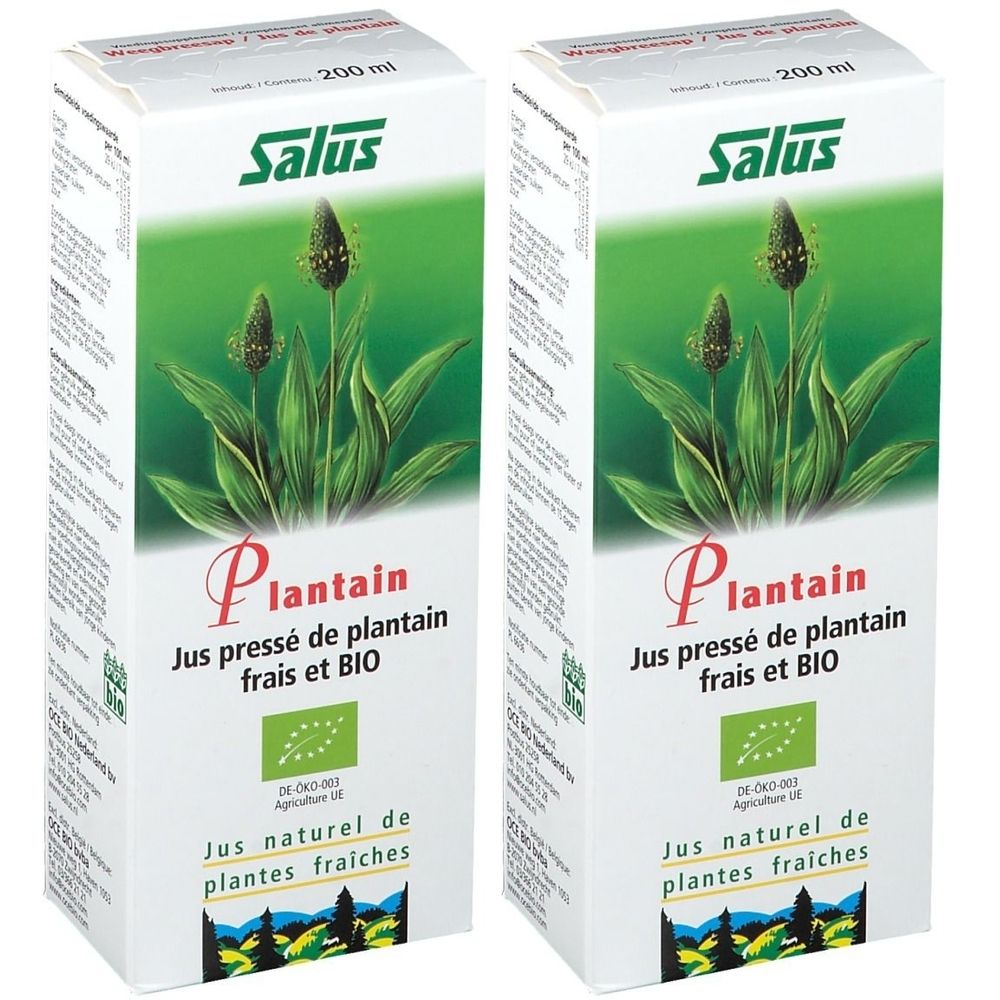 Zwei Kartons mit Salus Plantain-Saft. Aufdrucke: Plantain, Jus pressé de plantain frais et BIO, Jus naturel de plantes fraîches.