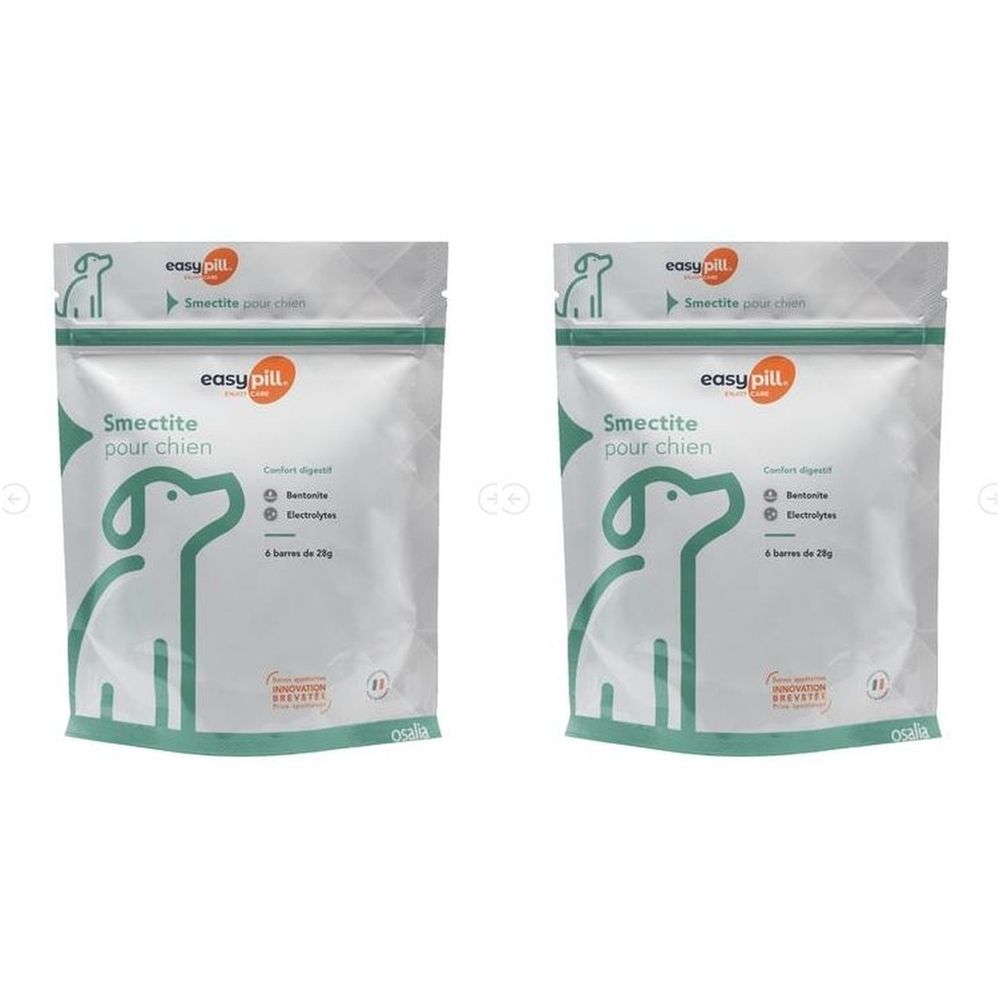 Zwei Beutel mit Produkt für Hunde. Aufschrift: Smectite pour chien, easy pill. Enthält Bentonit und Elektrolyte.