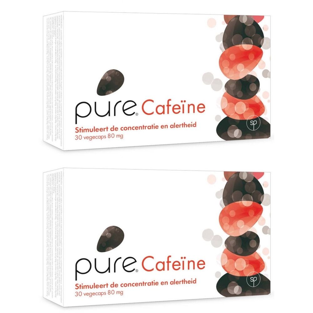 Zwei weiße Schachteln mit "pure. Cafeïne"-Logo und Text. Abbildung von Kaffeebohnen und roten Formen. Text: "Stimuleert de concentratie en alertheid".