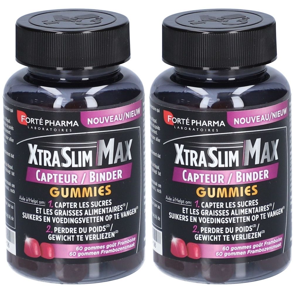 Deux flacons de FORTE PHARMA Xtra Slim Max Gummies. Bouchons noirs, étiquettes avec nom et informations. 60 gommes par flacon.