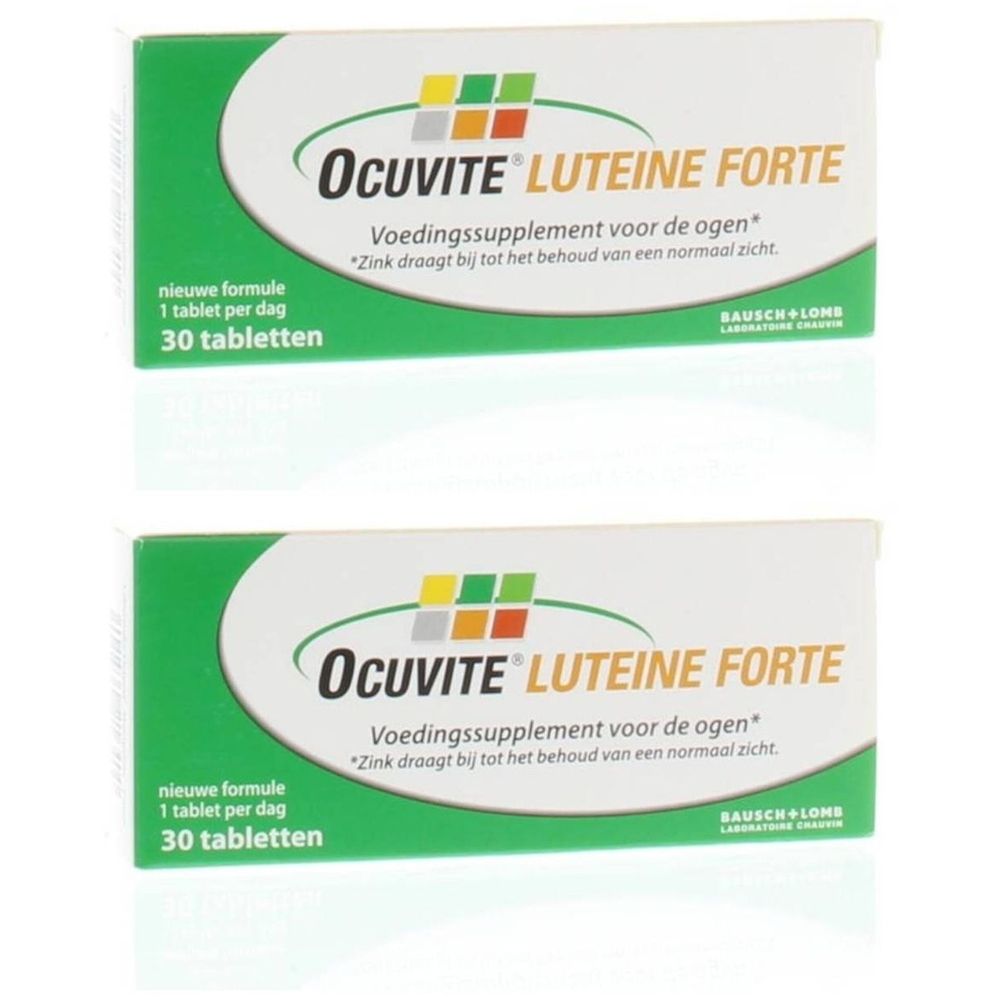 Zwei Schachteln Ocuvite Lutéine Forte. Grün-weiße Verpackung. Aufschrift: 30 Tabletten, neue Formel. Marke und Logo sichtbar.