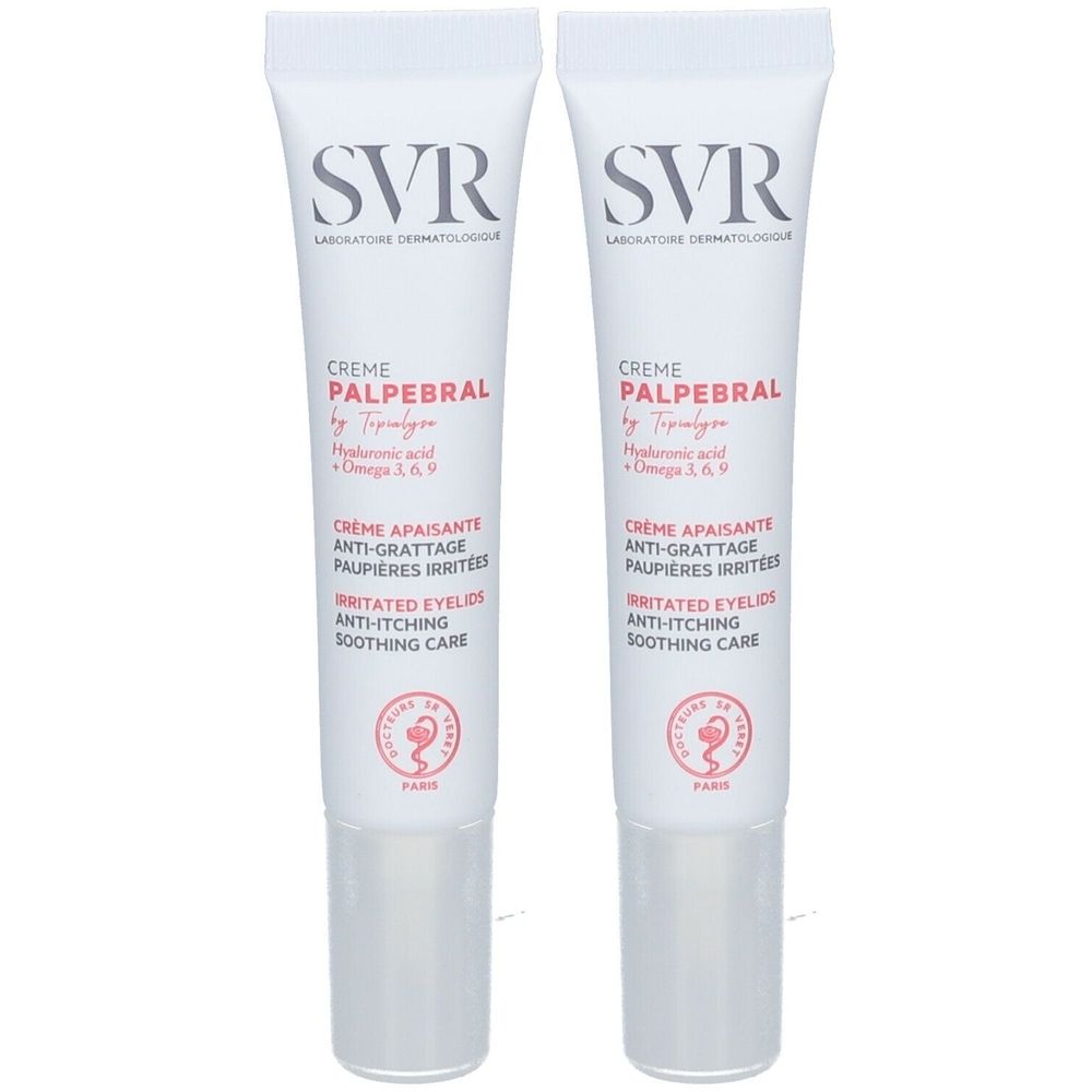 Zwei Tuben Creme für Augenlider. Aufschrift: SVR, Creme Palpébral. Text in Französisch und Englisch.