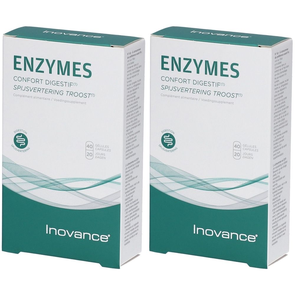 Zwei Schachteln mit der Aufschrift ENZYMES. Marke Inovance. Text in Französisch und Niederländisch. Enthält 40 Kapseln.