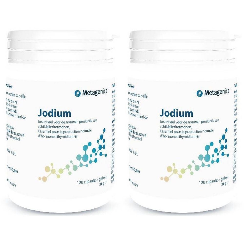 Zwei weiße Dosen mit dem Produktnamen "Jodium" und dem Logo von Metagenics. Aufschrift: 120 Kapseln.