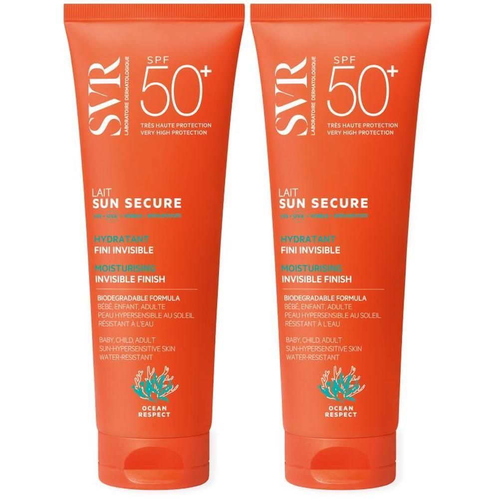 Deux tubes de SVR SUN SECRUE Lait LSF 50+. Emballage orange avec texte blanc. Texte: Lait Sun Secure, Fini Invisible, Moisturising.