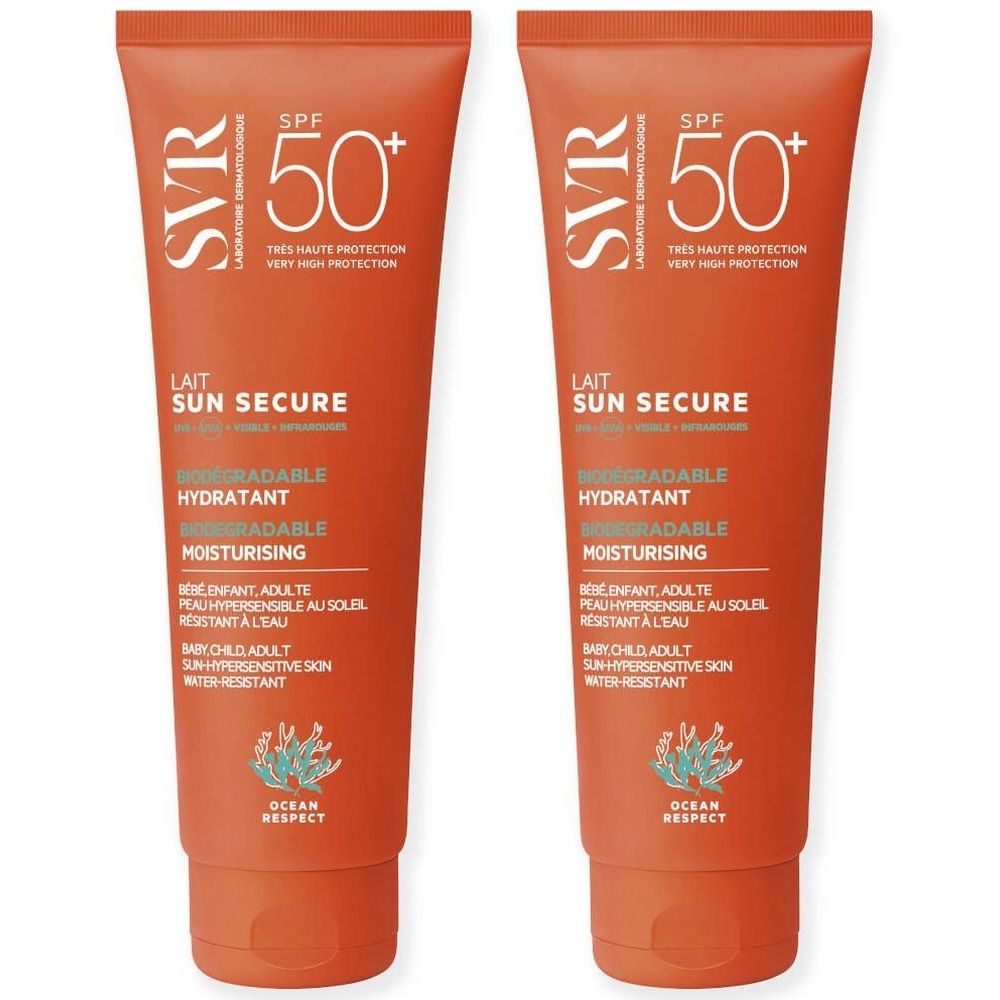 Zwei Tuben Sonnencreme, orangefarben, mit weißer Schrift. Aufschrift: SVR, SPF 50+, SUN SECURE, HYDRATANT, OCEAN RESPECT.