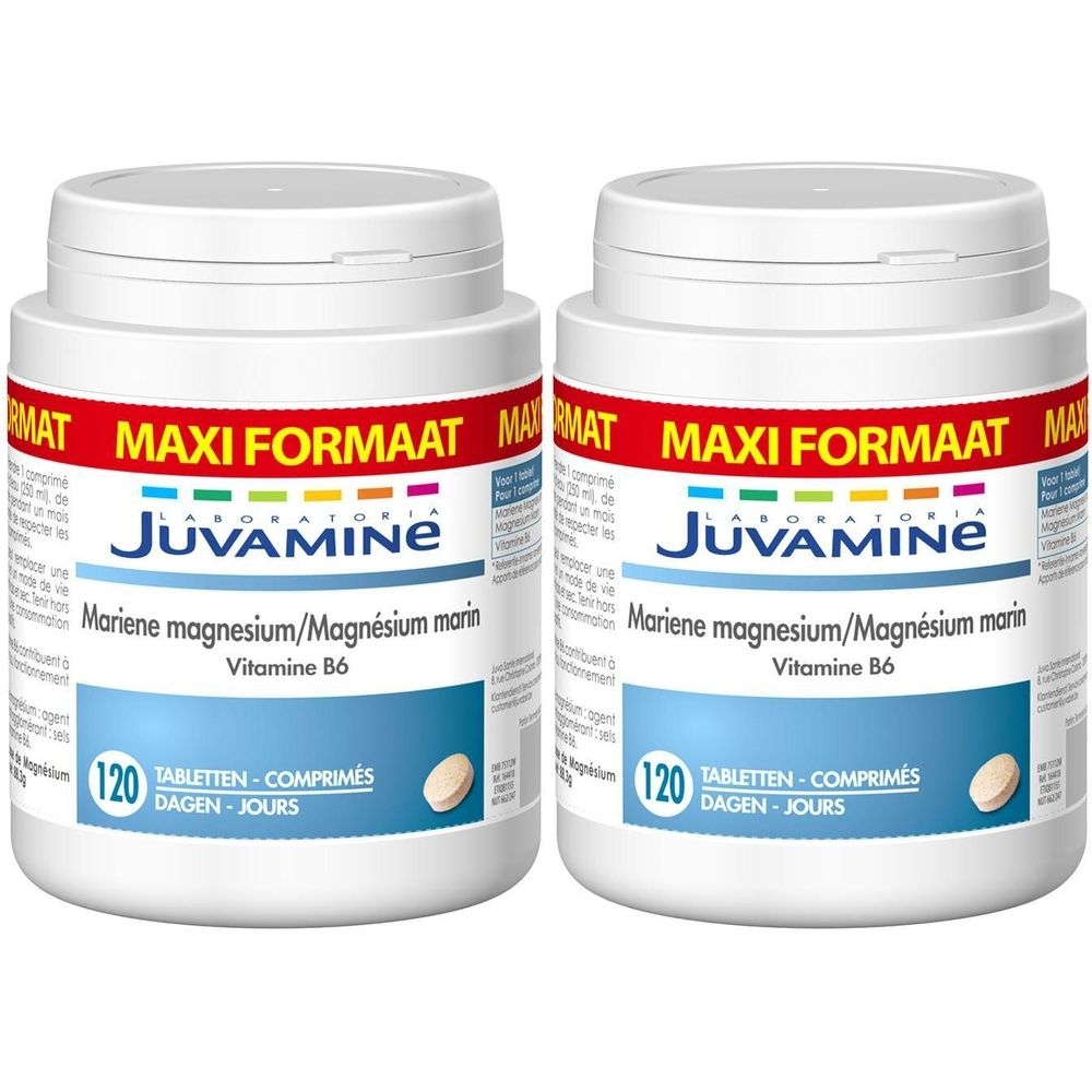 Zwei weiße Dosen mit dem Etikett "Juvamine". Auf dem Etikett steht "Mariene magnesium/Magnésium marin Vitamine B6" und "120 Tabletten".