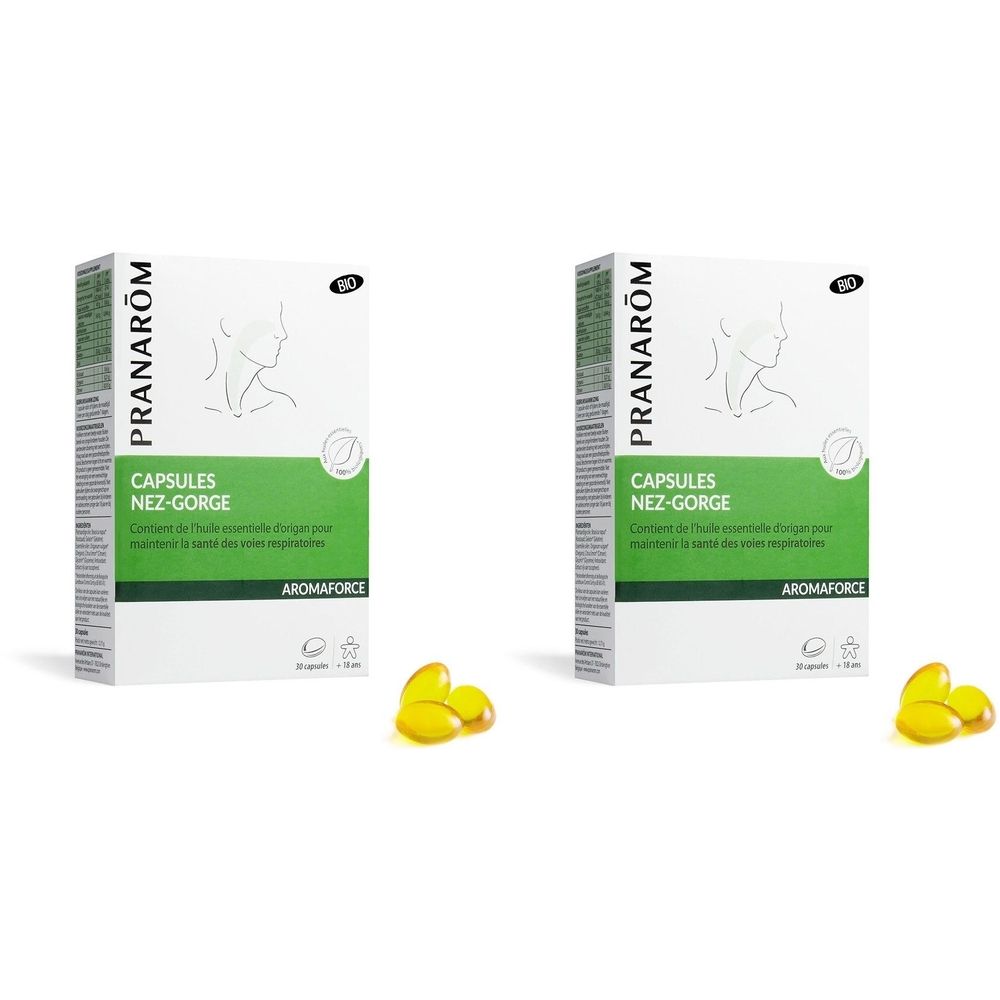 Deux boîtes de capsules. Inscription : PRANARÔM, CAPSULES NEZ-GORGE, Aromaforce. Quelques capsules jaunes à côté.