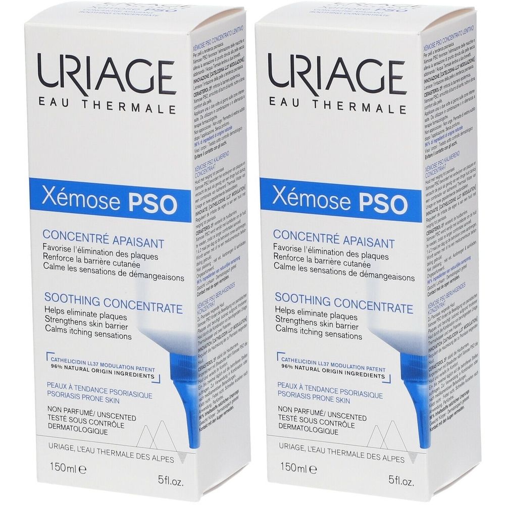 Zwei weiße Kartons mit Produktaufdrucken. Aufschrift: URIAGE, Xémose PSO, beruhigendes Konzentrat. 150ml.
