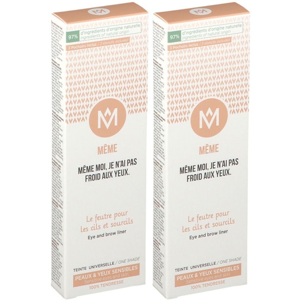Zwei identische Kartons. Aufschrift: MÊME, Le feutre pour les cils et sourcils. Für empfindliche Haut und Augen.