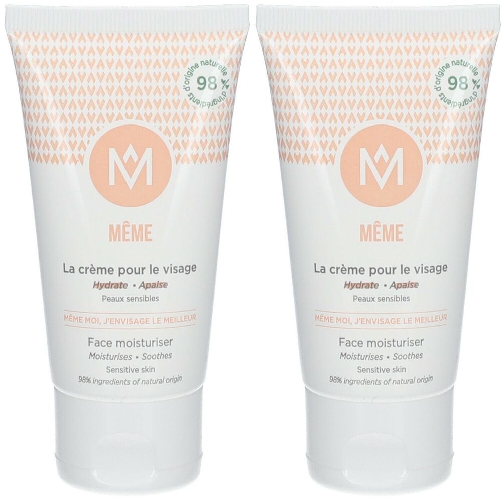 Zwei Tuben Gesichtscreme. Aufschrift: MÊME, La crème pour le visage, Hydrate, Apaise, Peaux sensibles. 98% Inhaltsstoffe natürlichen Ursprungs.